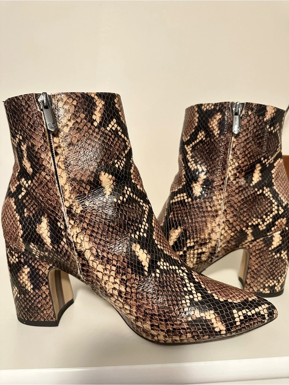 Sam Edelman Snake-Print Pointed Toe Ankle Boots in Brown
